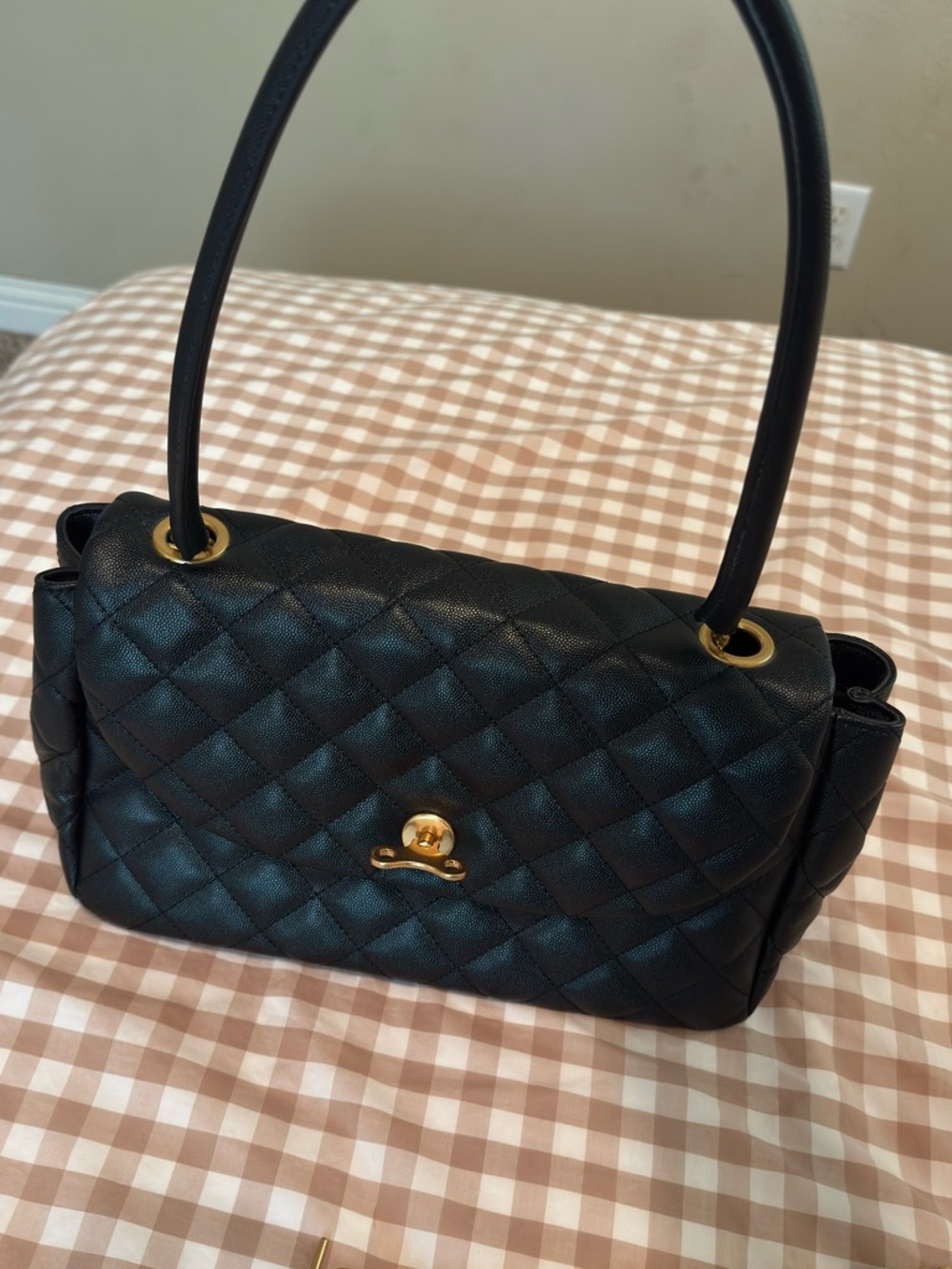 Charles & Keith Black Quilted Shoulder Bag with Gold Accent